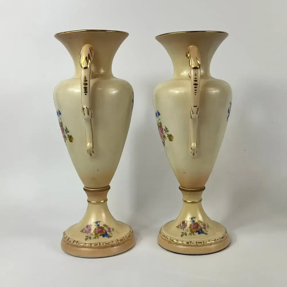 2 Tyndale Porcelain Vases Fine China Double Handle Hand Painted Floral Vintage